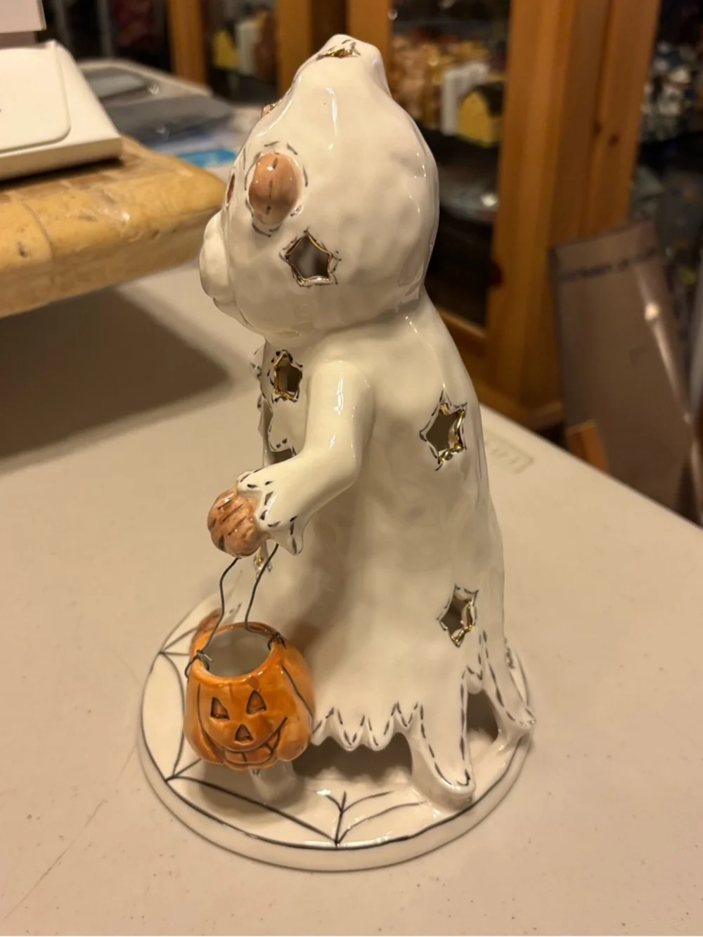 Blue sky White Ceramic Bear Ghost with Orange Pumpkin Bucket - Home Accent.